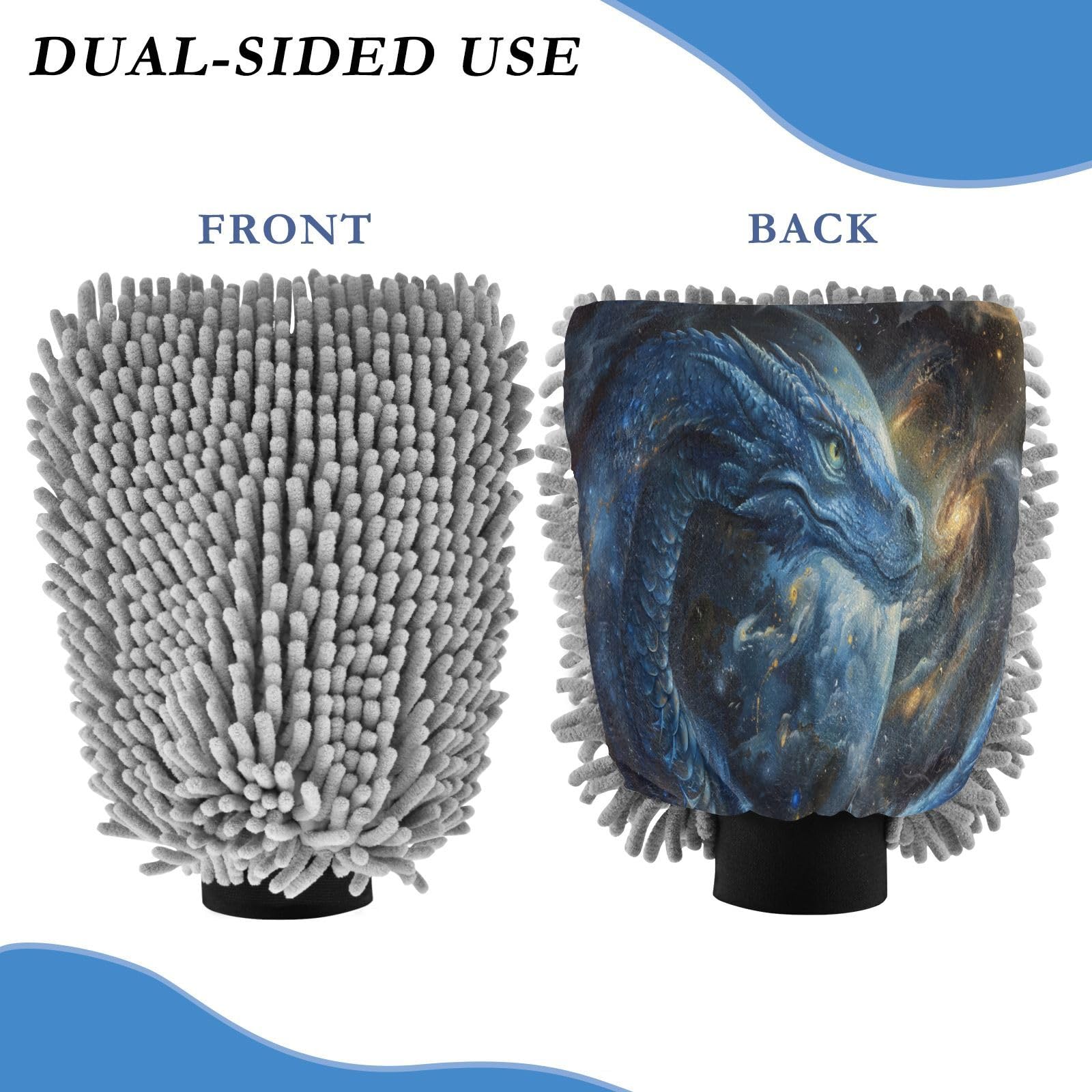 ALAZA Blue Dragon Galaxy Car Wash Mitt Scratch Free, 2 Pack Absorbent Microfiber/Chenille Washing & Drying Mitts, M