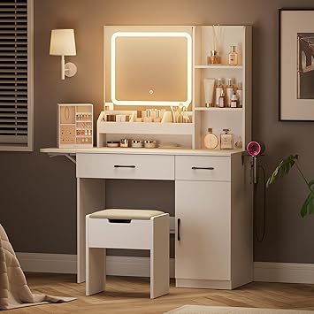 Dowinx Vanity Desk with Mirror and Lights, Power Outlet Makeup Vanity Table with 3 Drawers and 7 Shelves Dressing Table with Storage Stool for Girls Bedroom Dressing Room, White