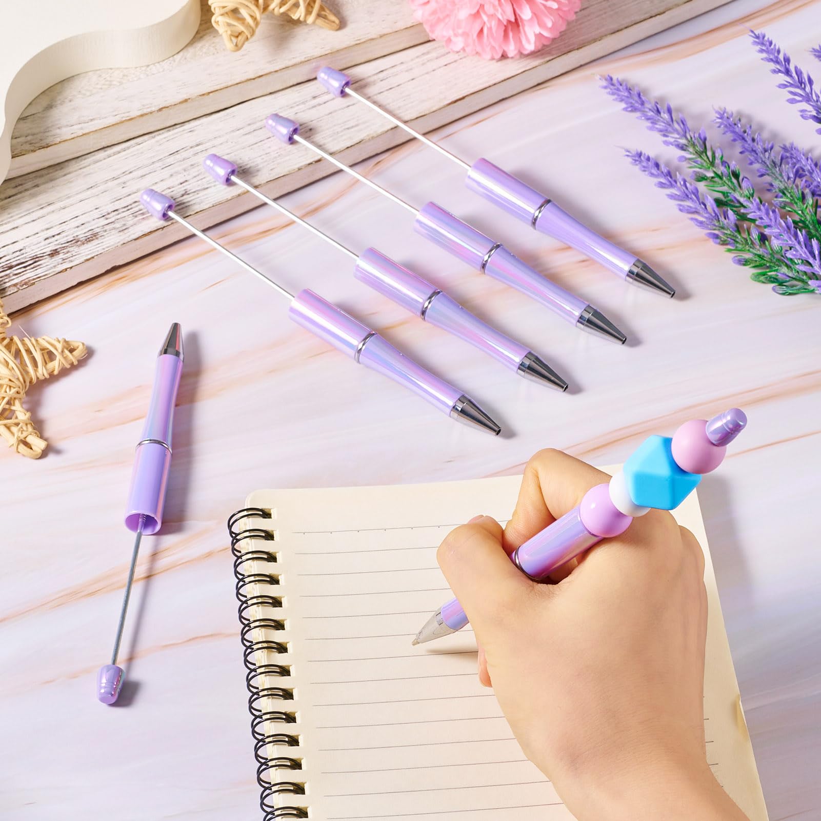 Cheriswelry 5 Pcs Plastic Beadable Pen Black Ink Rollerball Pen with 10 Pcs Extra Refills for Students Office School Supplies Gradient Lilac - Image 4