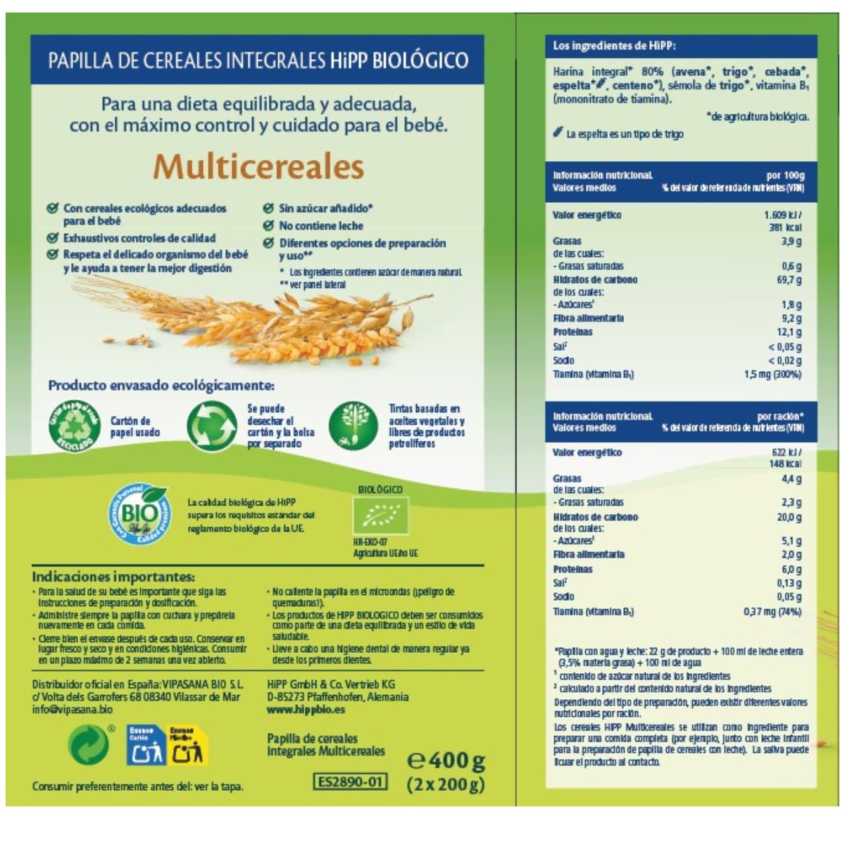 HiPP Biológico - Papilla Multicereales Bio - Pack x 4 cajas de 400 gr - Papilla de Cereales apta a partir de 6 meses - Sin lactosa, Sin Proteína de la Leche de Vaca y Sin azúcares