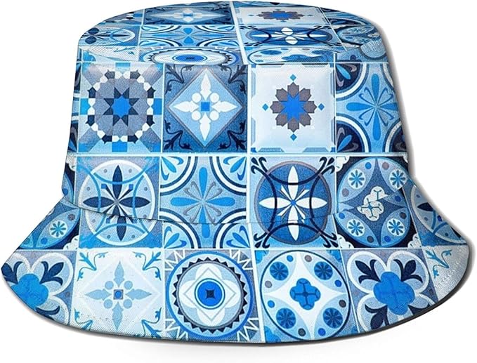 Blue Ceramic Tiles Hats for Women Men Fisherman Hat Packable Reversible