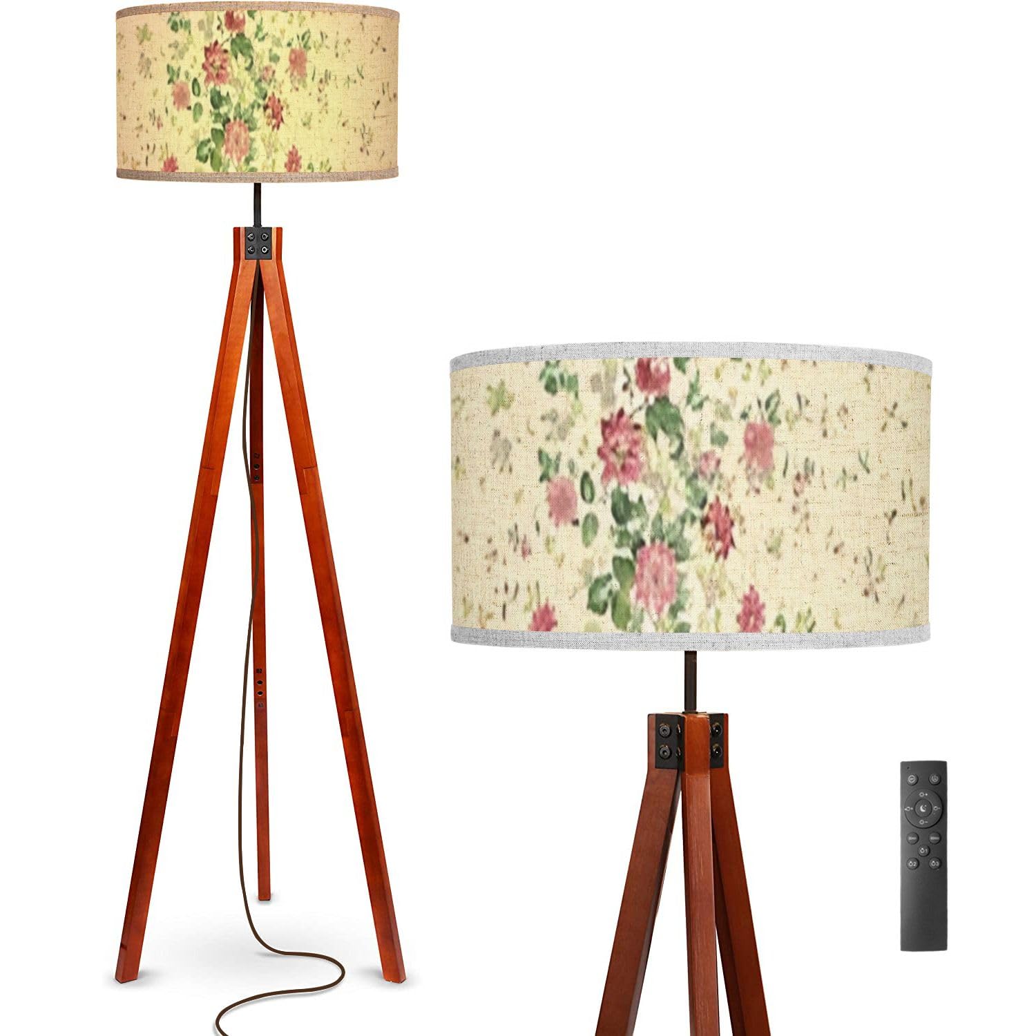 Floor Lamp Latest Textile Engraving Designs Standing Lamp Solid Wood Legs Modern Tall Lamp Tripod Floor Lamp with Flaxen Shade for Living Room, Bedroom, Office