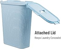 Vista 5 de Mind Reader Cesta de lavandería delgada con tapa, cesta de ropa de 40 L, diseño de mimbre premium, plástico, azul bebé