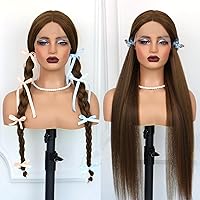 Vista 4 de Pelucas de encaje frontal sintético lacio marrón, sin pegamento, línea de cabello natural, con reflejos marrones, pelucas de encaje sintético marrón