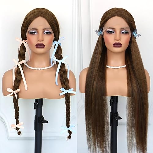 Miniatura 4 de Pelucas de encaje frontal sintético lacio marrón, sin pegamento, línea de cabello natural, con reflejos marrones, pelucas de encaje sintético marrón