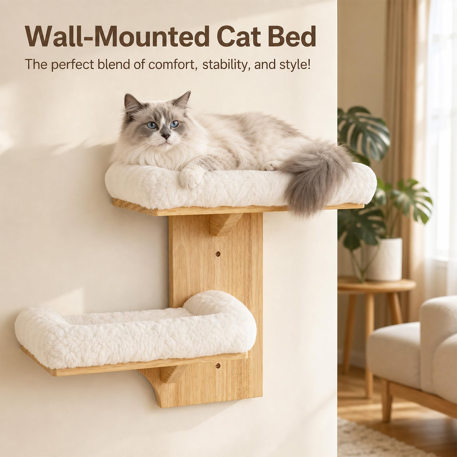 Kletterwand Katzen, Kletterwand Katze 2 Plattform, Katzen Wand Klettern Gummiholz, Katzenkletterwand zum Ausruhen, Klettern und Spielen (Baumwollpolsterung)