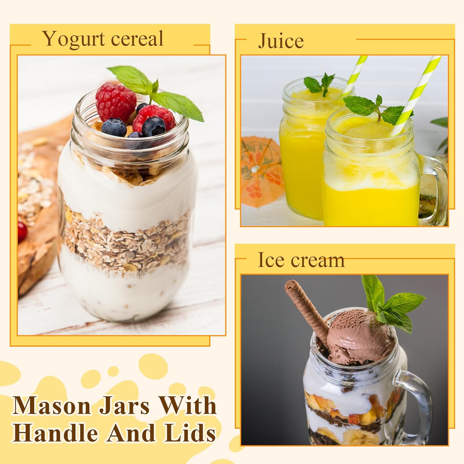 LemonRoad 6 Pcs 24 oz Mason Jar Cups with Handle and Lids Large Mason Jar Drinking Glasses Iced Coffee Cup with Lids and Handles Glass Mugs for Party Beverages Coffee Bar Accessories Gifts (Clear) - Image 4