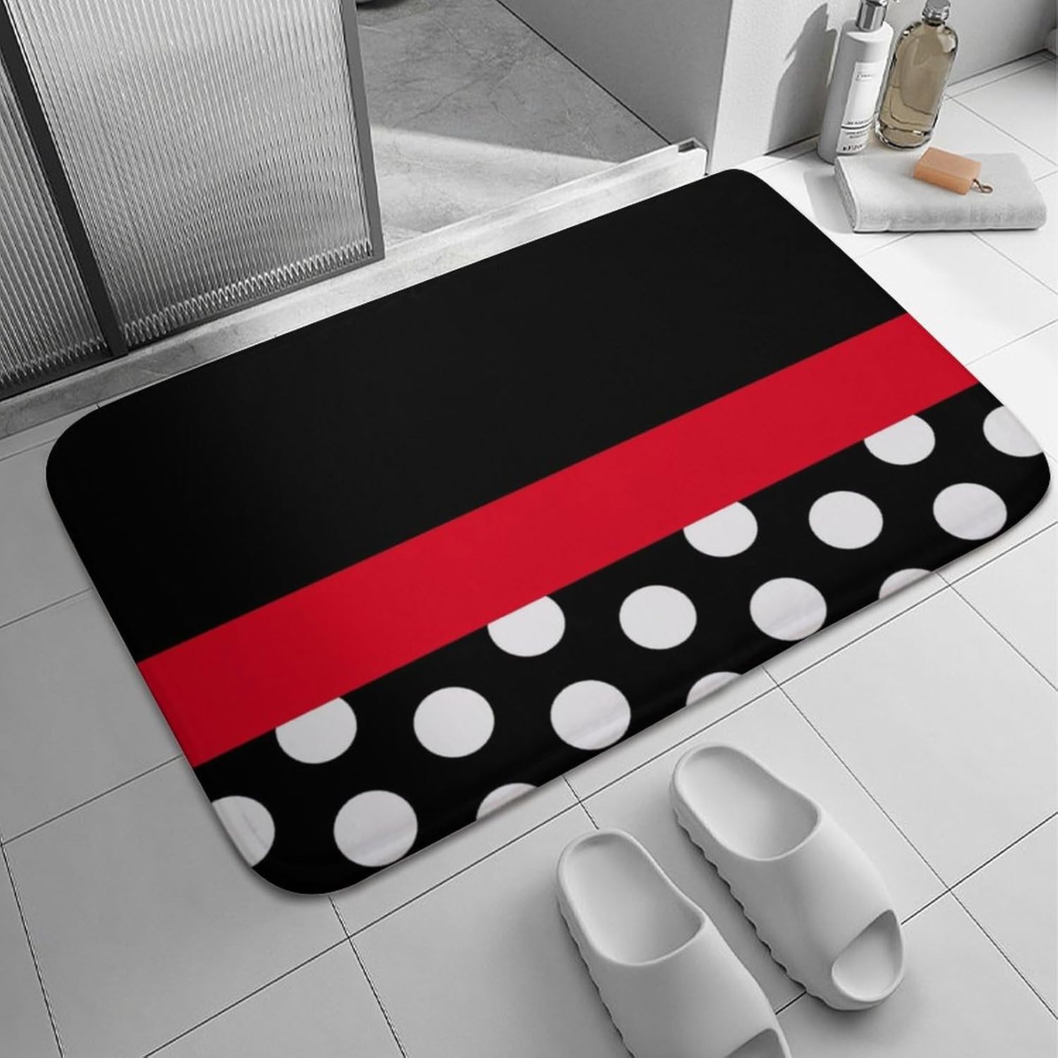 Red Classic Black White Polka Dot Bathroom Rug, Non Slip & Soft Absorbent Bath Mat Carpets for Bathroom 20" x 32"