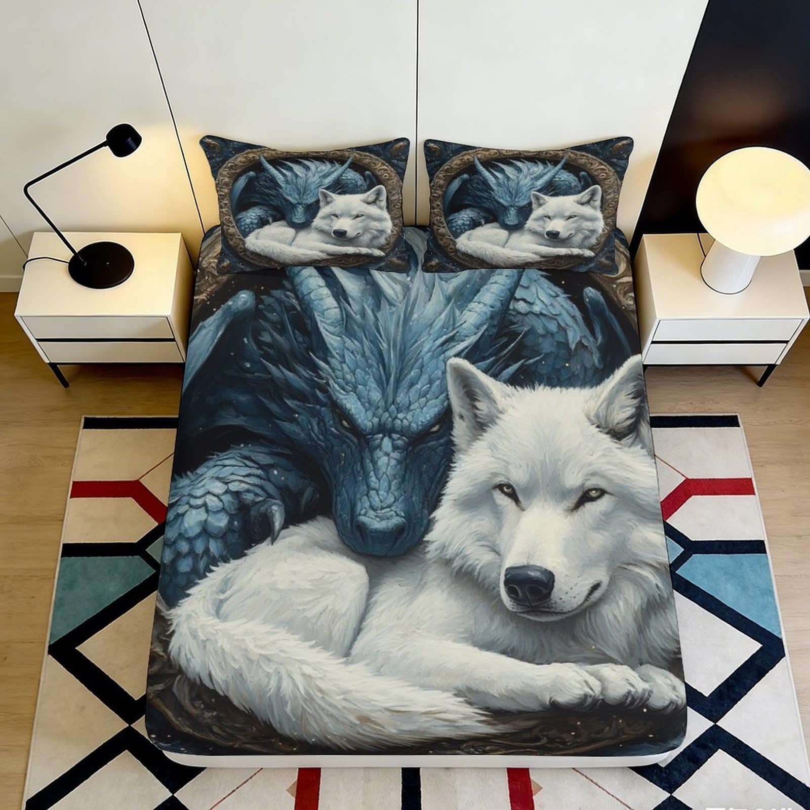 3D Printed Wolf Dragon Fitted Sheet Microfiber Deep Pocket Wolf Dragon Mattress Fitted Cover Non-Slip for Bedroom 200x200x25cm 90x200x25cm