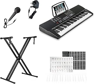 Crystals® 61 Keys Teaching Type Electronic Keyboard Digital Music Instrument Piano & Microphone with Keyboard Stand - Black (With Double Braced Stand)
