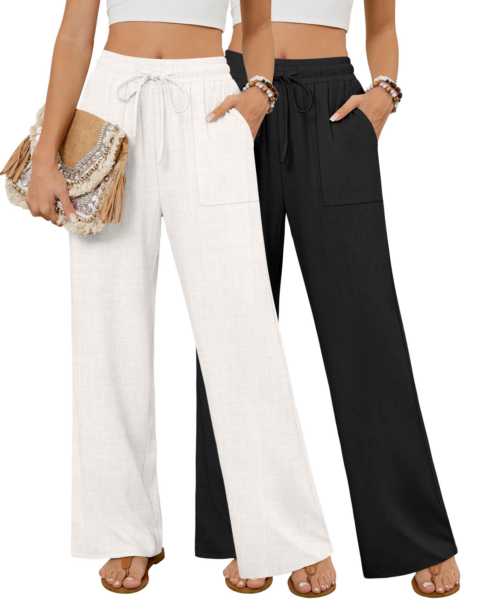Neer 2 Pack Womens Linen Long Pants Summer Drawstring Elastic Waist Flowy Straight Pant Casual Loose Beach Pant