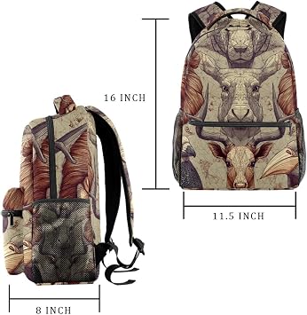 Casual School Backpack Outline Animals Pattern Bookbag High Capacity & Adjustable Strap