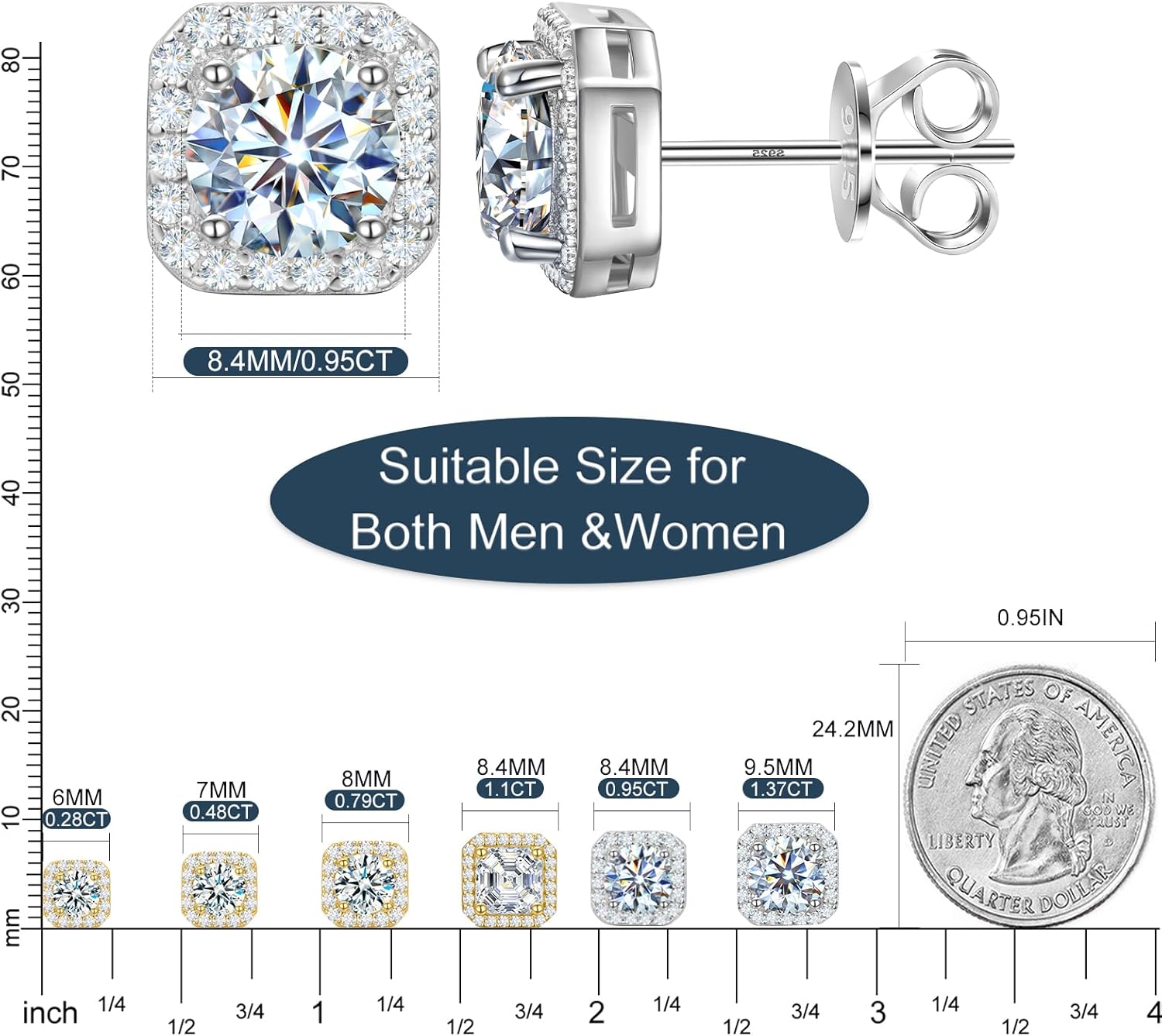 Moissanite Halo Earrings Square 18k Gold Plated 0.56-2.4CT 6-10mm D Color VVS1 Clarity Moissanite Stud Earrings For Women Men Square Stud Earrings 925 Sterling Silver Hypoallergenic Earrings - Image 7