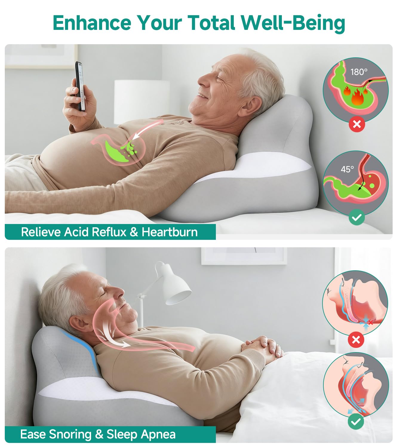 Bed Wedge Pillow for Headboard, 2026 Upgraded 2nd-Gen 10 Inch Memory Foam Wedges for Sleeping Apnea, Acid Reflux, Snoring & Back Pain Relief, Cervical Neck Pillows, Ergonomic Pillow for Couch or Floor - 4