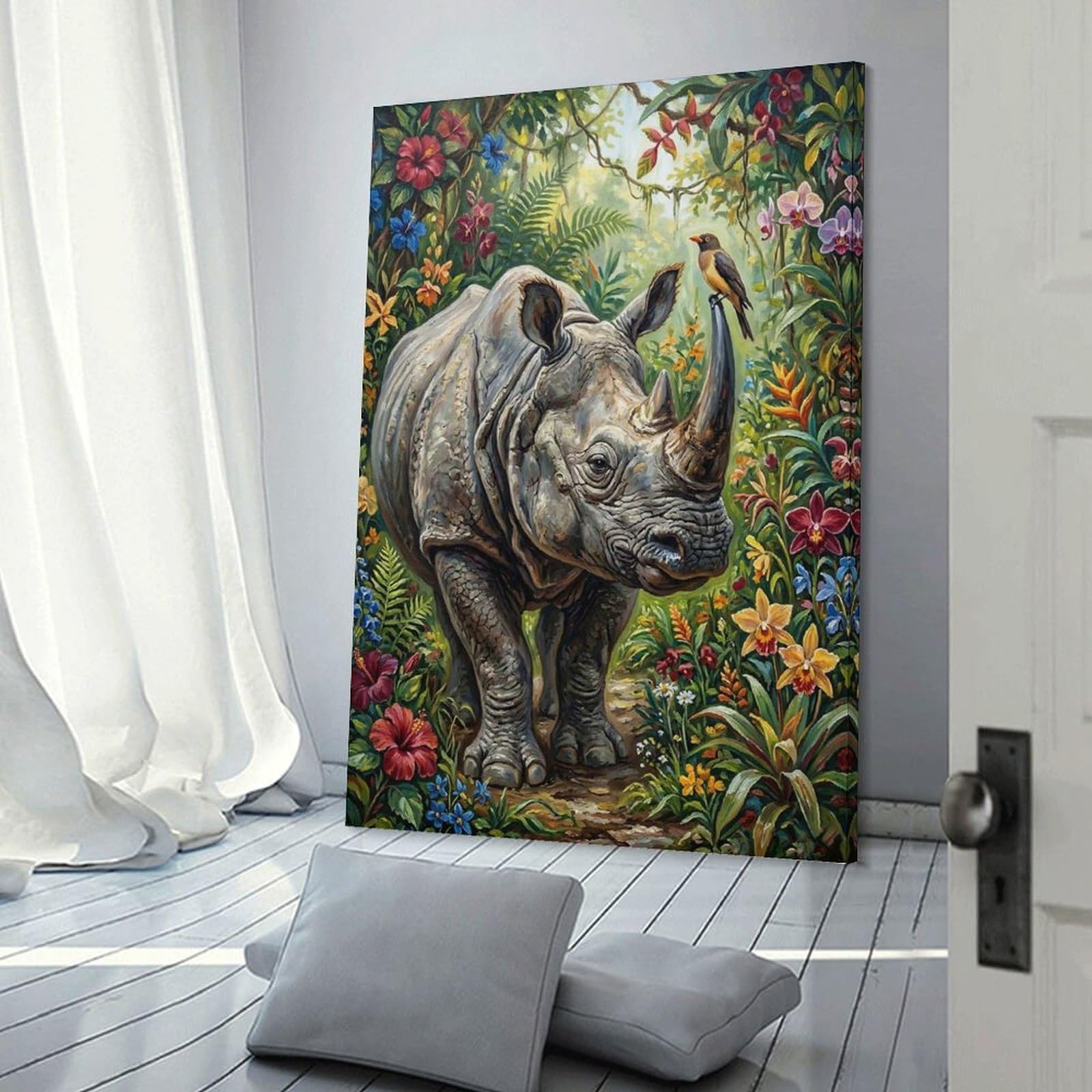 Junmoney Wall Picture Print Rhinoceros with Bird in Jungle, 20x30inch(50x75cm), for Living Room, Bedroom Or Apartment Walls, A Home Accent with Warm Character
