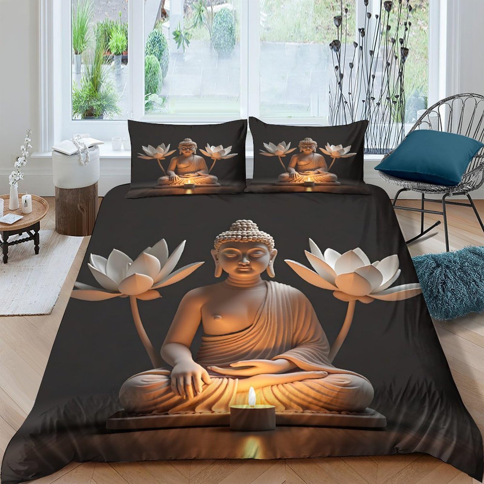 Ctjqhvkz Style-9 3D Printed Buddha Lotus Fitted Sheet Microfiber Soft Black Meditation Bed Cover For Bedroom Guest Room Mattress Decor Single（135X200cm）