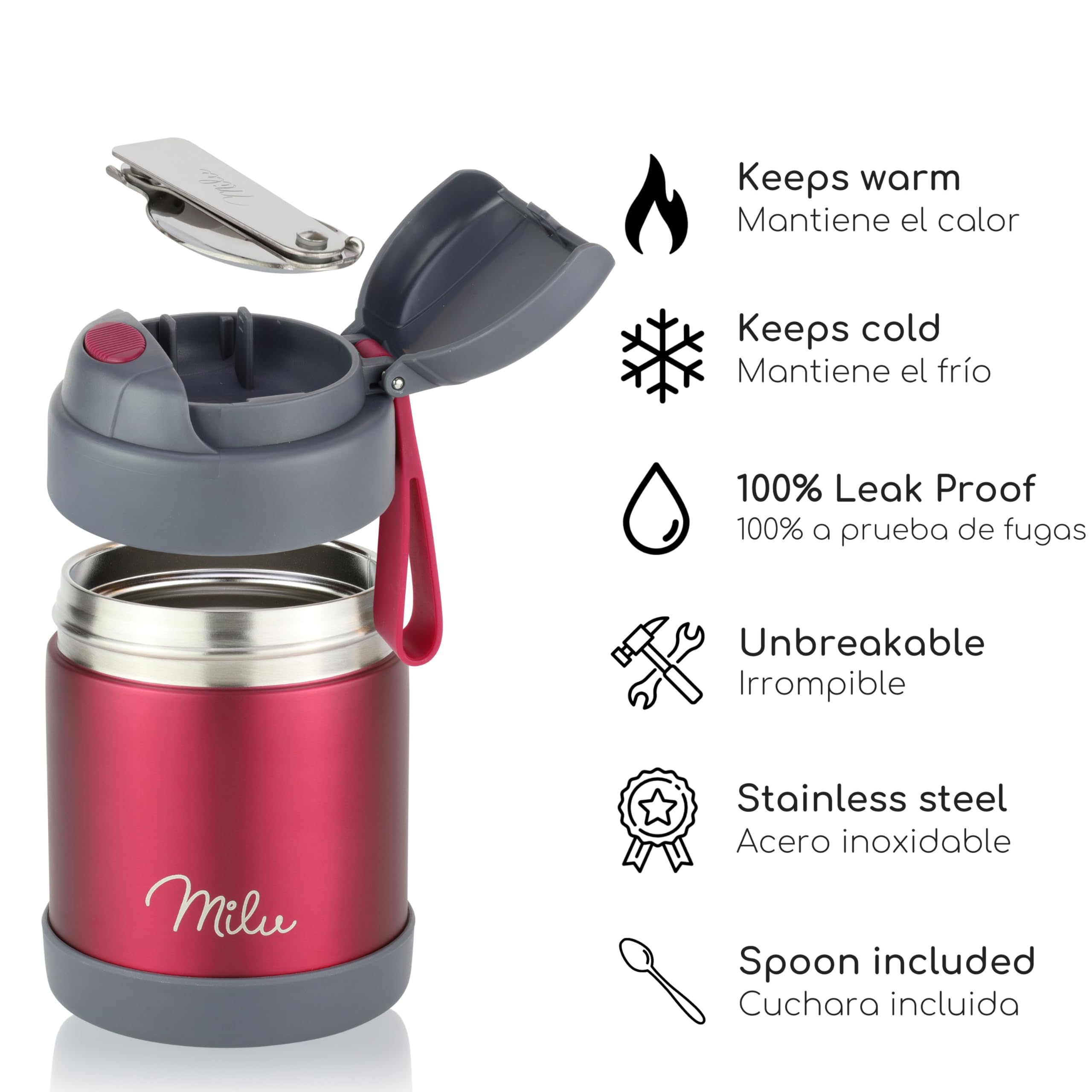 Milu Termo para Comida 300ml, 440ml, 450ml, 650ml, 800ml Taza Aislada, Botella de Acero Inoxidable Aislada para Alimentos, Beber y sopa de adultos A prueba de fugas Térmico (300ml/Bayas) — view 3