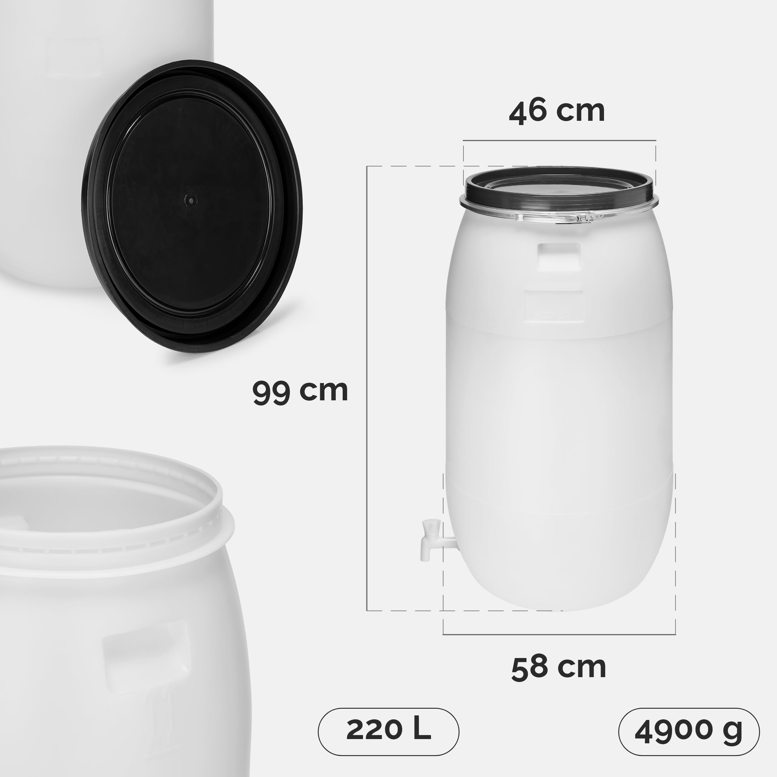 Garronda 220 Liter Regentonne mit Deckel mit Hahn Weithalsfass aus HDPE Regenfass für Garten Fass Regenwassertonne Futtertonne Wasserbehälter Universalfass Wasserfass Wassertank GD-0091 Weiß