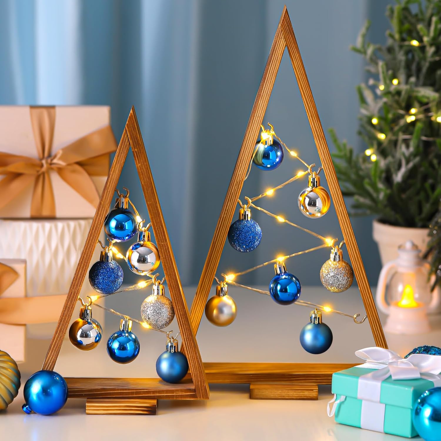 Hungdao 2 Pack Wooden Christmas Tabletop Tree with Lights and Balls Modern Farmhouse Christmas Table Centerpiece Decor for Winter Fireplace Mantle Shelf Home Decor(Blue, Silver)