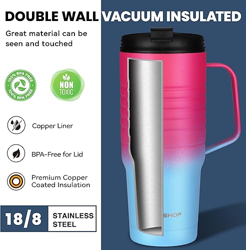 Miniatura 32 de HAUSHOF Taza de viaje de 24 onzas con asa, taza de café aislada al vacío de acero inoxidable, tazas de viaje de doble pared con tapa a prueba