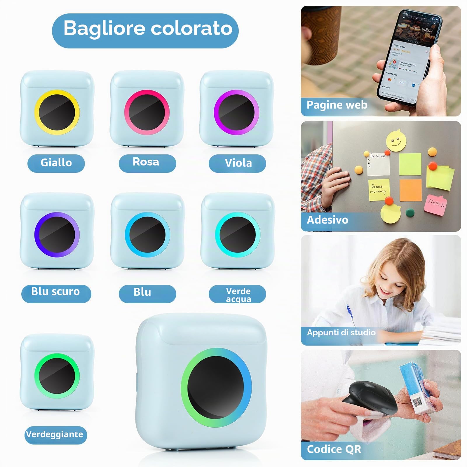 Mini Stampante Fotografica, Mini Stampante Termica, Stampante Fotografica Istantanea Portatile con LED colorati, Mini Stampante Termica Bluetooth con Ricarica USB Stampante, per Note, Elenco, Memo