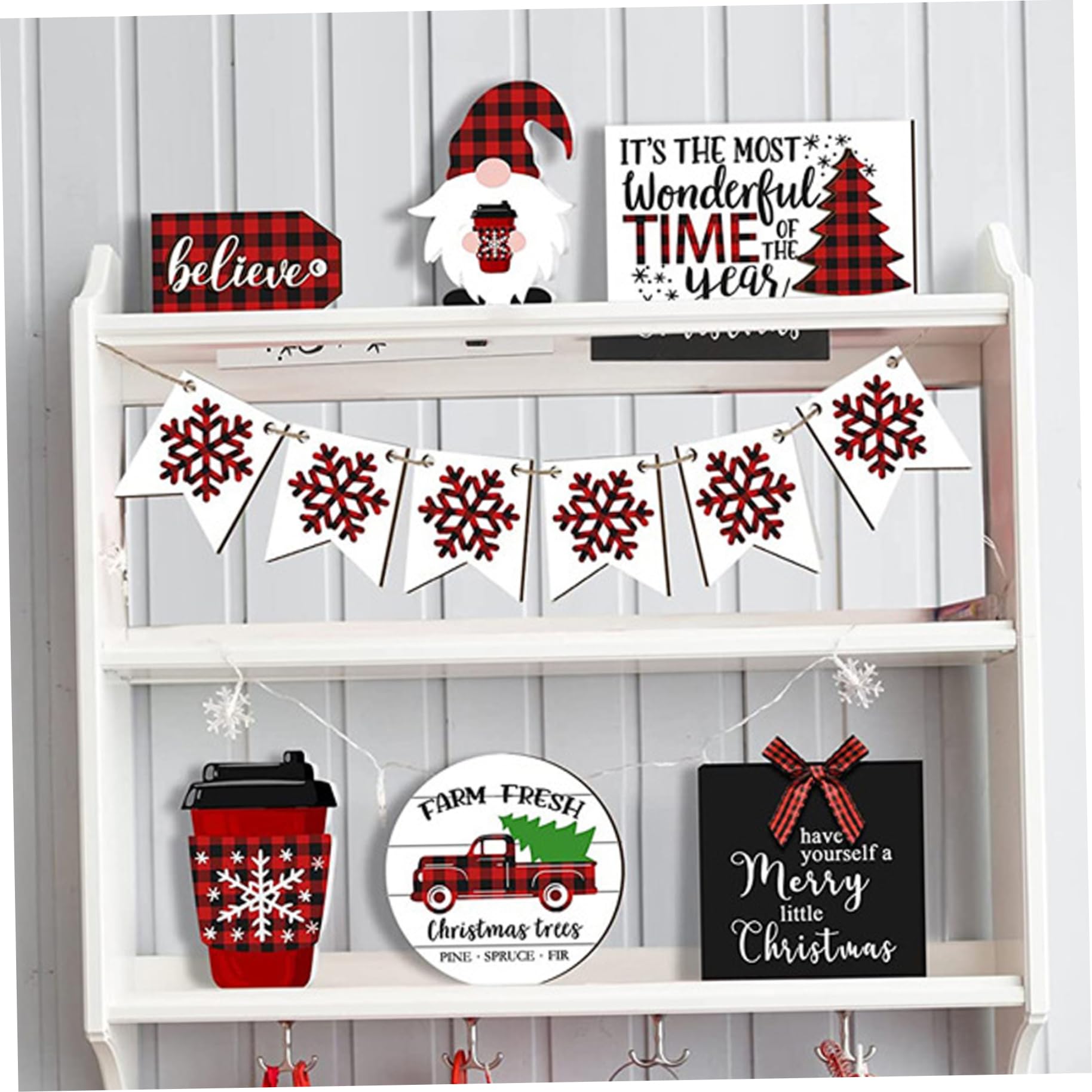 KUYYFDS Christmas Tiered Tray Decor 12PCS/Set Buffalo Plaid Gnome Wood Trays Home Decor Rustic Christmas Table Centerpiece Decoration for Home Kitchen Holiday(Without Tray)