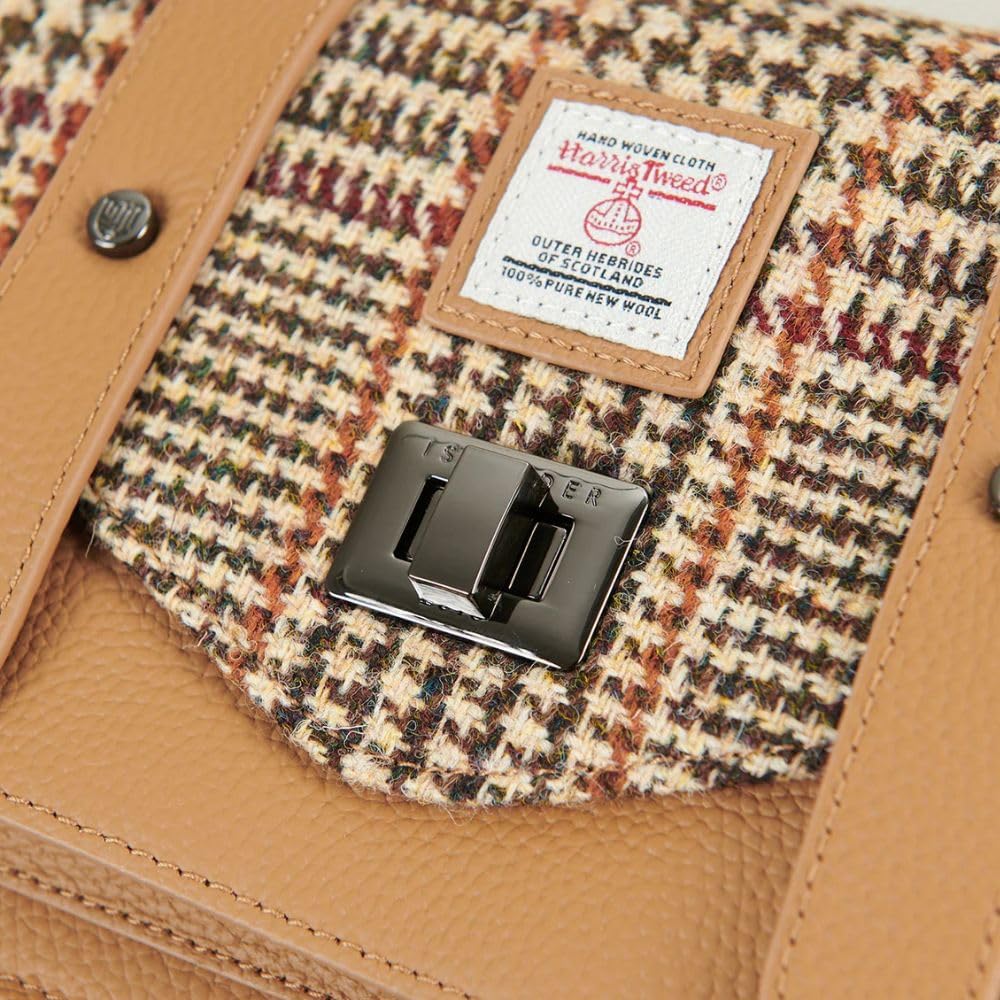 Islander Leather and Harris Tweed Satchel with Adjustable Strap, Top Handle, 9.44 x 6.29 x 2.75 in