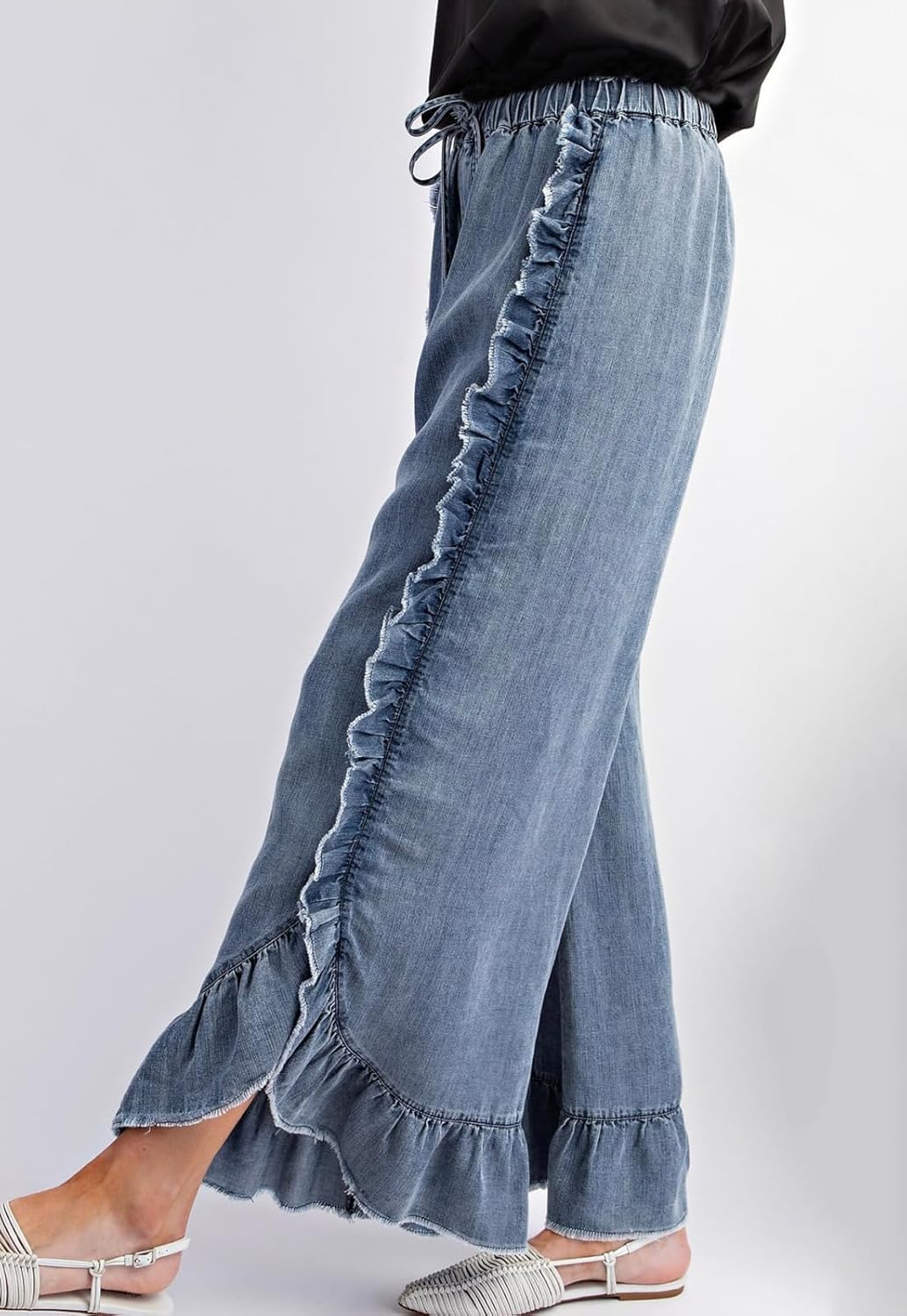 CHARTOU Women Denim Palazzo Pants Jeans Flare Elastic Waist Wide Leg Pants Raw Frayed Hem Jeans Flowy Ruffle Pants - Image 4