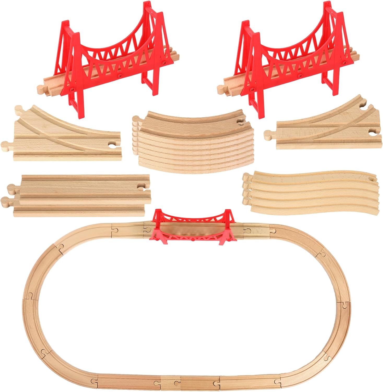 JarThenaAMCS Wood Train Track Expansion Set Suspension Bridges Wooden Train Track Connectors and Adapters for Most Major Toy Train Tracks Railway Accessories, 24Pcs