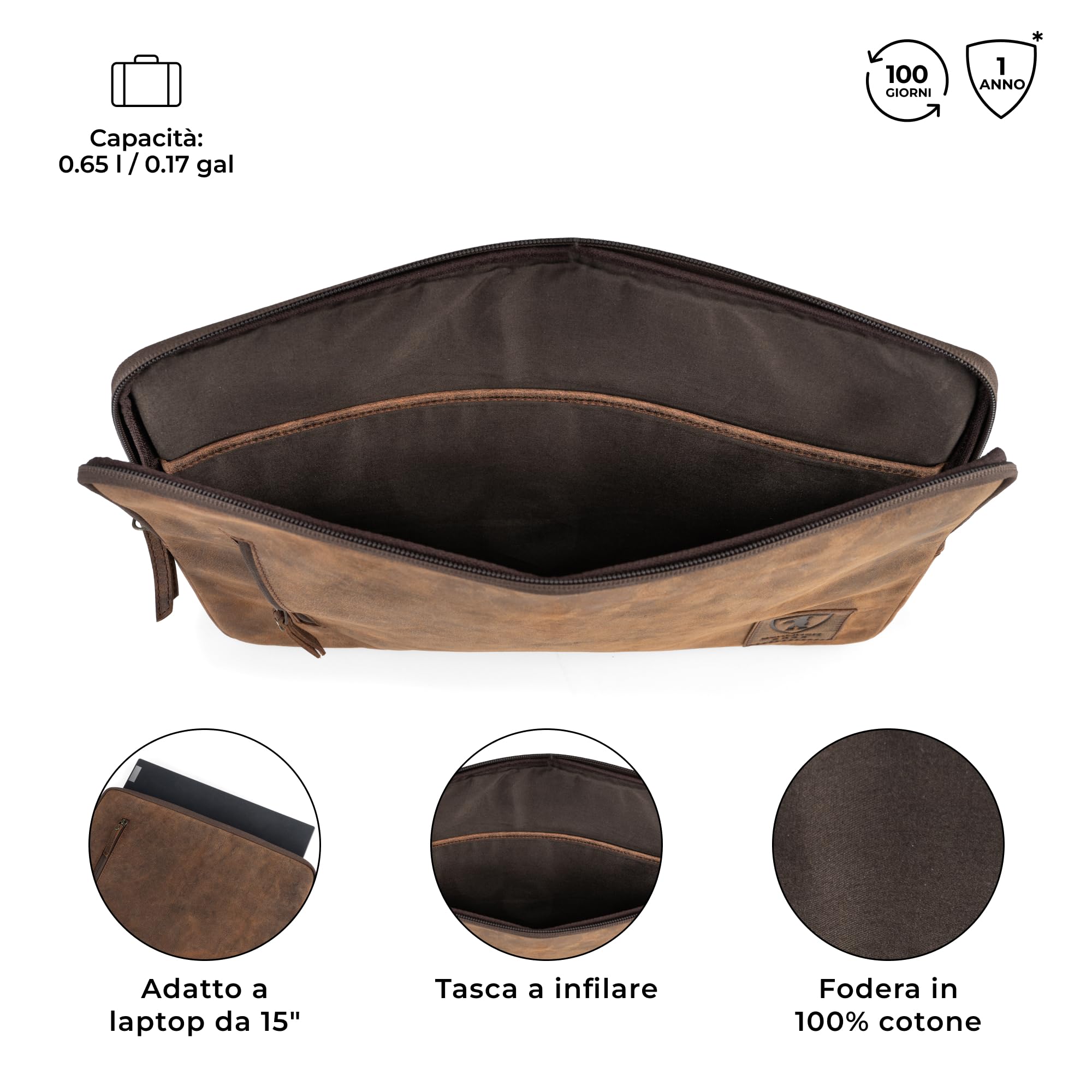 Berliner Bags Custodia per Laptop Nico Pollici in Vera Pelle Bovina, Sleeve Porta Computer con Zip e Tasca Esterna, Unisex – Marrone