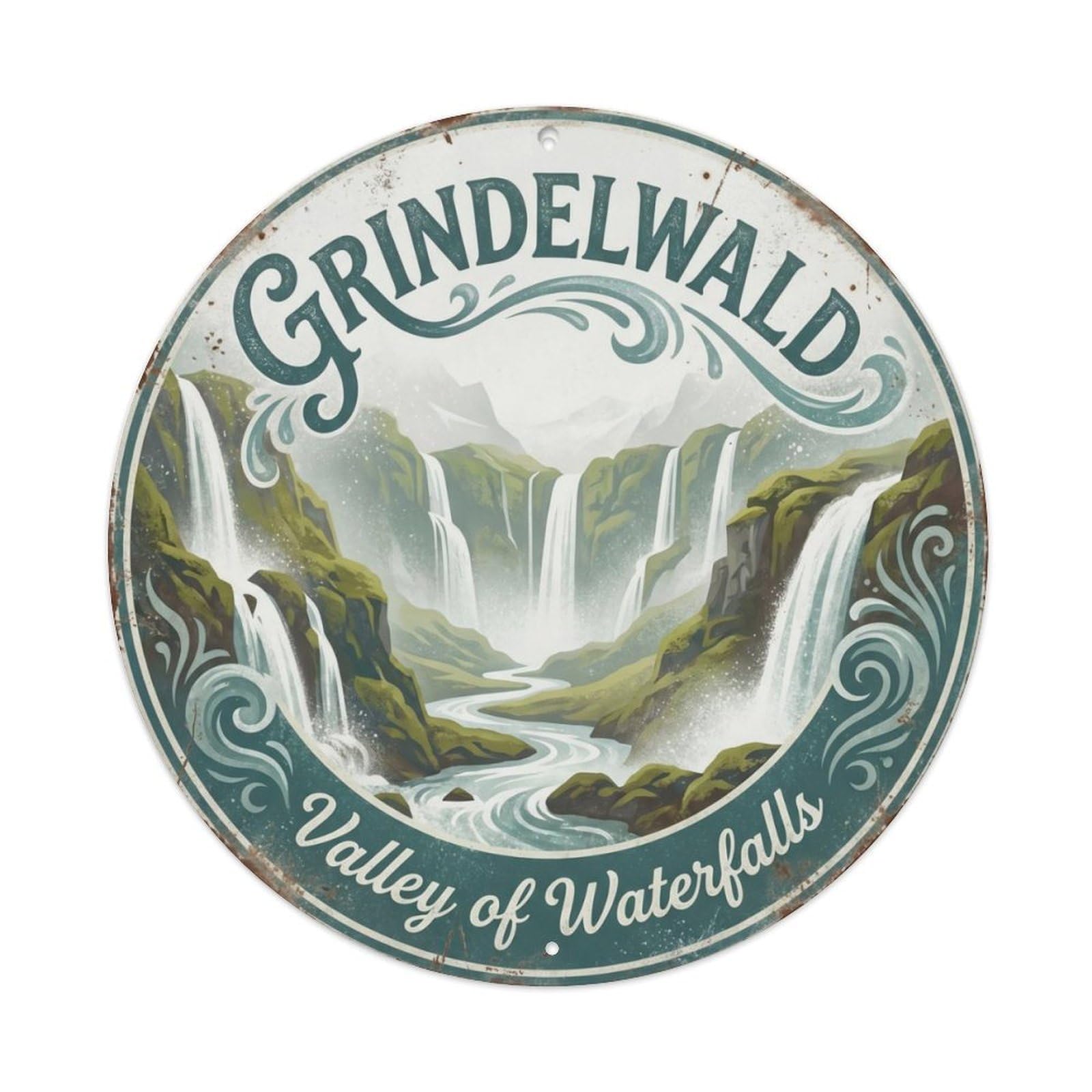 Vintage Travel Grindelwald Switzerland Waterfall Metal Tin Sign Plaque Wall Decor for Cafe, Club Bar, Office, Home Garden Round Metal Poster 8x8Inch