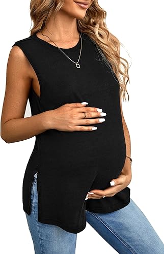 OYOANGLE Camiseta de maternidad sin mangas para mujer, con dobladillo dividido, camiseta sin mangas para embarazo