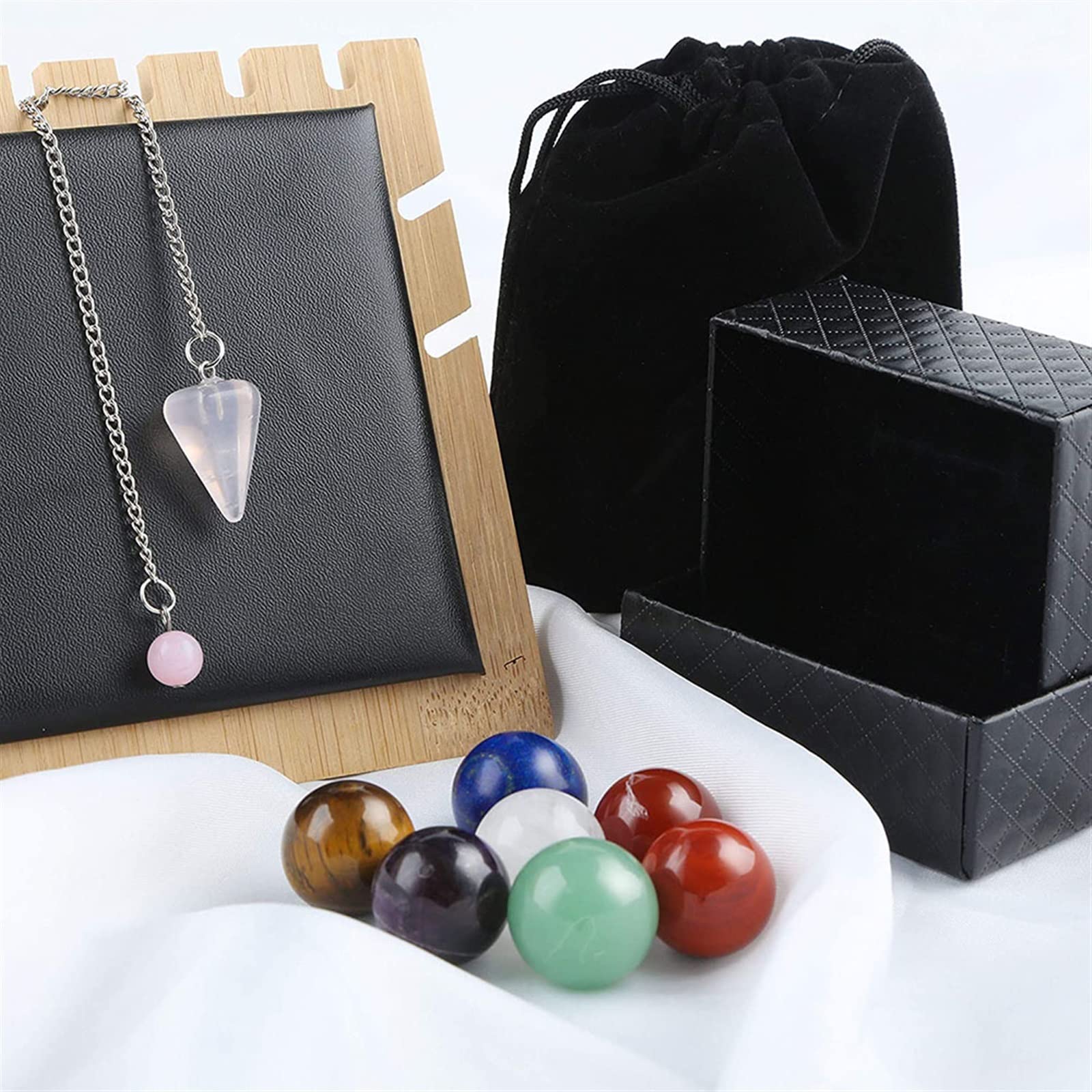 7 Kristallkugel-Kugel-Set, natürliche Kristalle, Trommelsteine ​​mit Rosenquarz-Pendel for Voller Textur (Color : 7 Balls Set B)