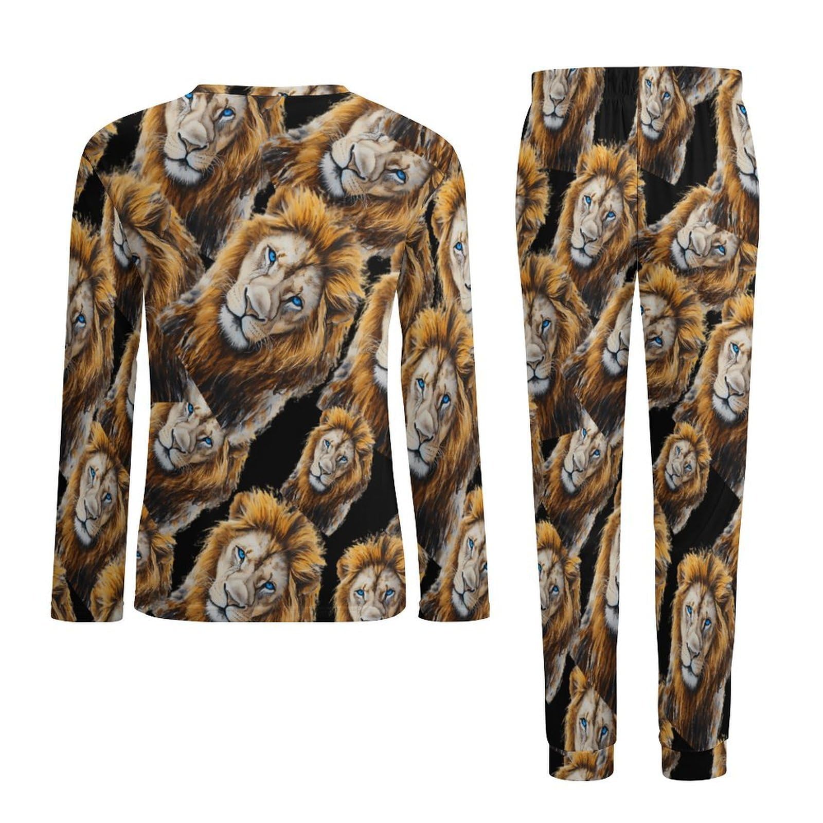 Conjunto de pijama de león acuarela para hombre, cuello redondo, 2 piezas, manga larga, suave, transpirable para todas las estaciones