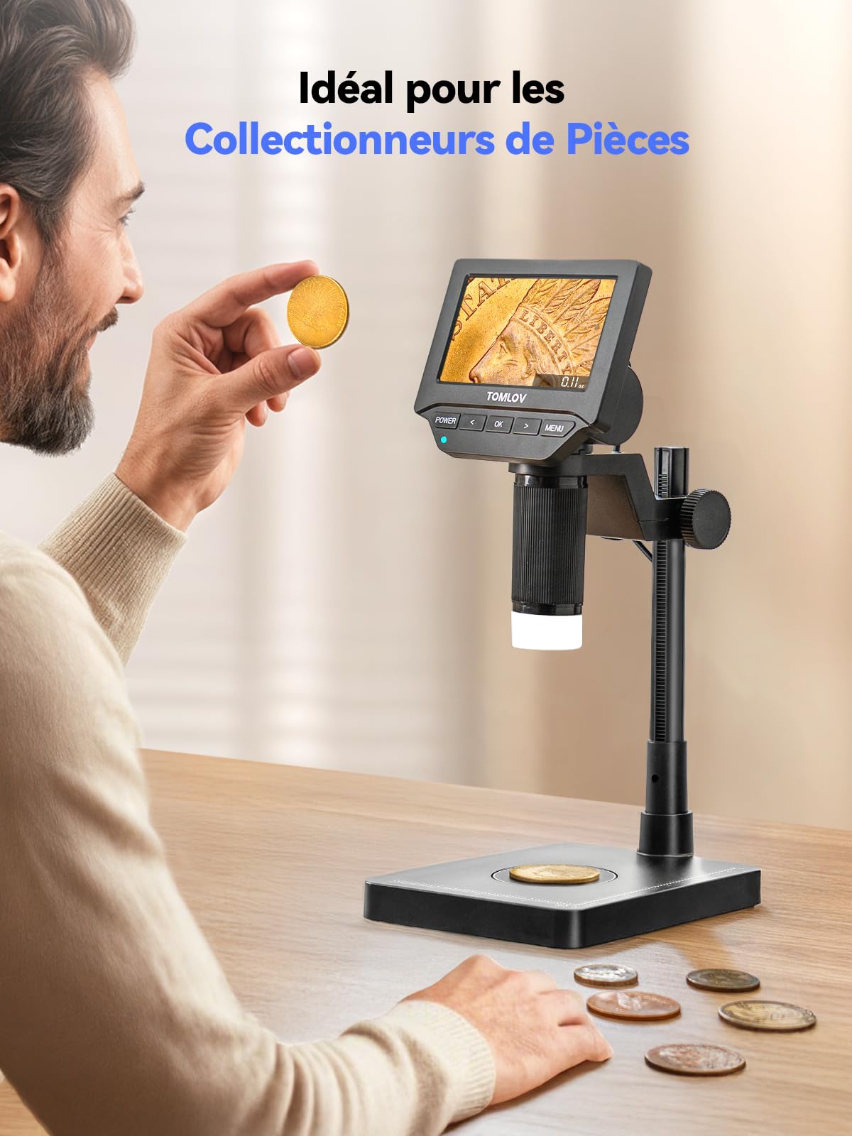 TOMLOV DM4W Microscope Numérique avec Balance: Microscope à Pièces avec 4,3" IPS Écran, Loupe pour Pièces avec Lumière, Balance Précise pour Collectionneurs, Bijoutiers, Compatible PC/Mac