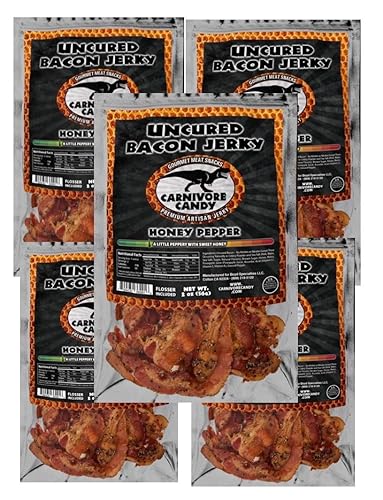 Carnívore Candy Honey Pepper Bacon Jerky Jurassic Jerky con sabor increíble, alto contenido de proteínas, sin conservantes, sin MSG, bajo en sodio