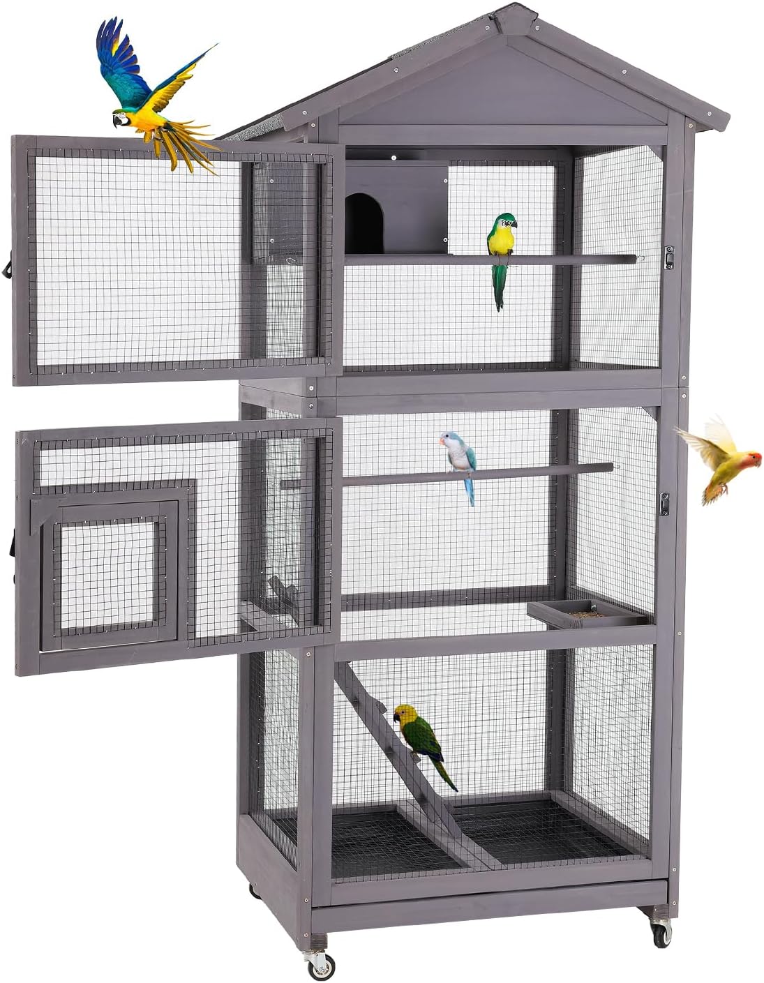 Wooden Large Bird Cage with Wheels – Mobile Outdoor Aviary with Play Stand, Perches & Nest, Easy-Clean Mesh Design