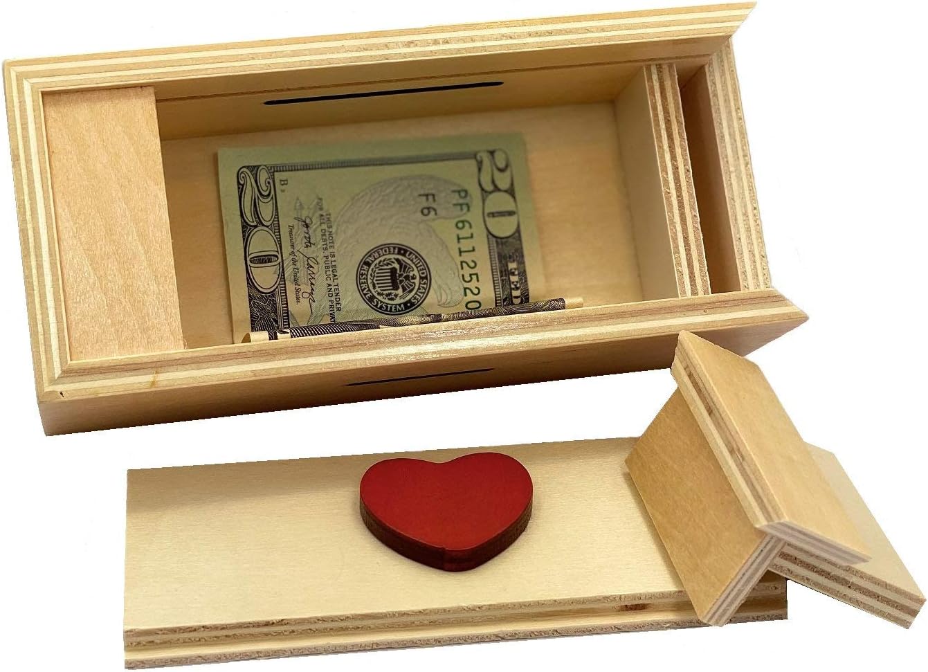 Puzzle Box Enigma Heart Secret - Money and Gift Card Holder in a Wooden Magic Trick Lock with Hidden Compartment Piggy Bank Brain Teaser Game : Toys & Games