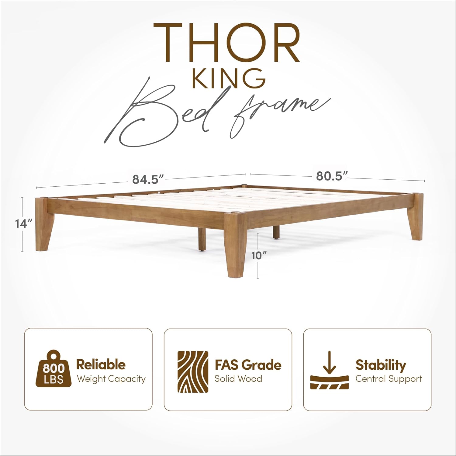 Thor Premium Solid Wood Bed Frame King, Japanese Joinery Bed Frame with Wood Slat Support, Platform Bed, No Box Spring Needed, Easy Assembly, Minimalist & Modern Style (Light Brown)