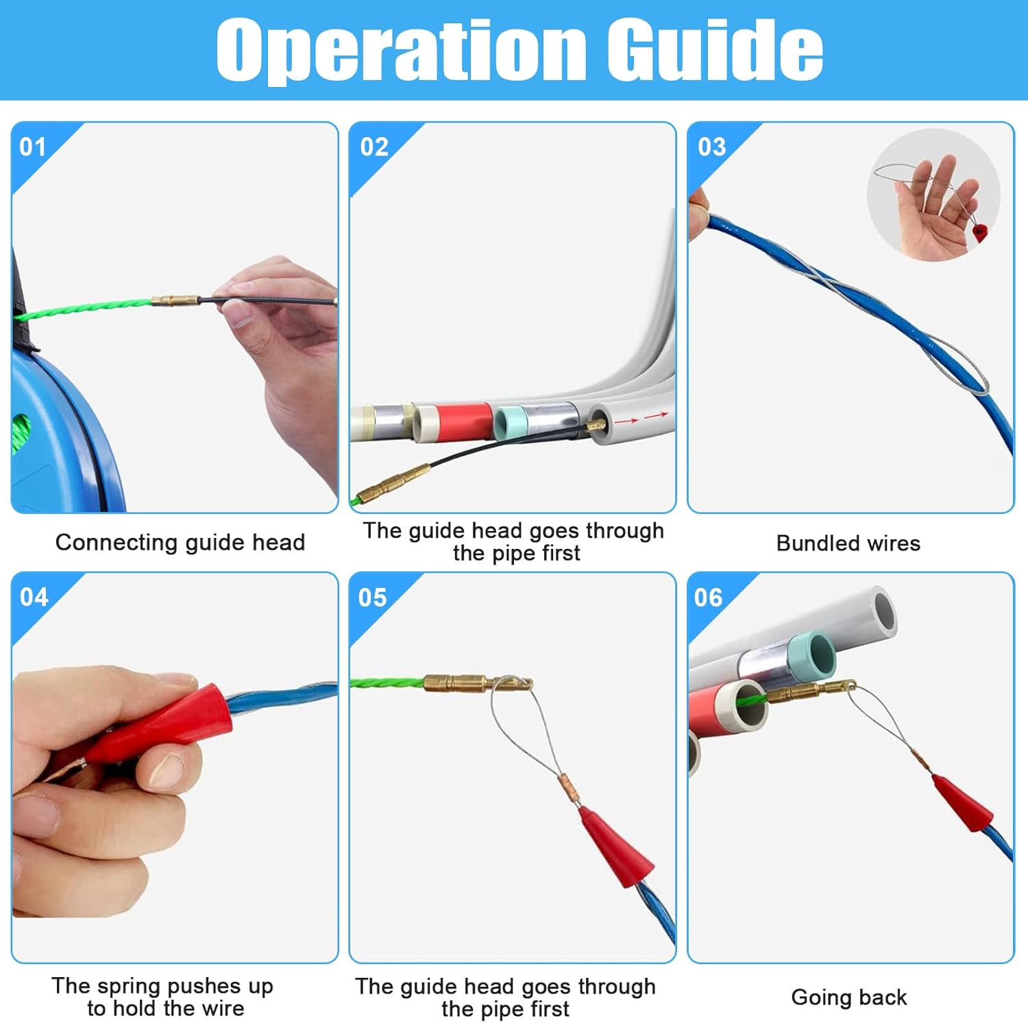 Fish Tape Wire Puller 4.5mm 196FT, Electrical Fish Tape with 7 pcs Leader Tip, Fish Tape Fiberglass, PET Wire Fishing Tools Cable Running Rod with Steel Reel Stand for Wiring