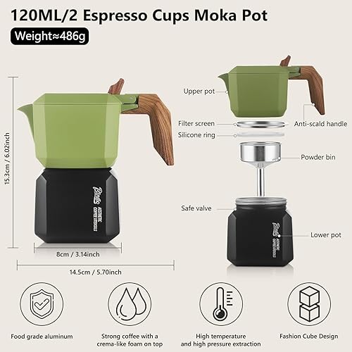 Miniatura 7 de Bincoo Máquina de café expreso para estufa, 2 tazas, cubo creativo, olla Moka Moka de doble válvula, olla italiana con papel de filtro (verde-negro)