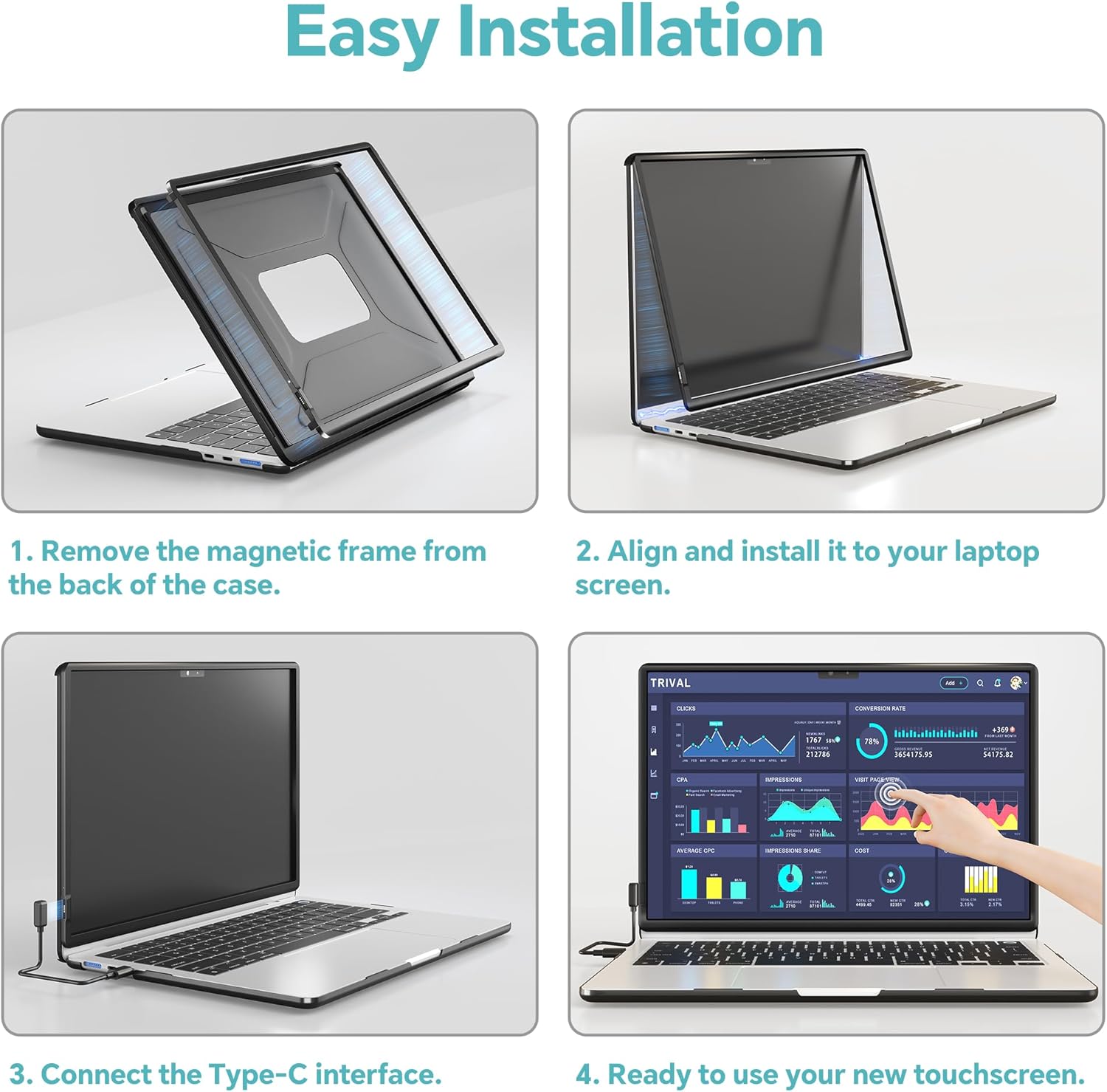Magnetic Touchscreen Frame for MacBook Air 15 Inch, High-Precision Infrared Touchpad Support Multi-Gesture, Driver-Free Plug & Play Touch Screen Trackpad, Includes Protective Hard case, Passive Stylus