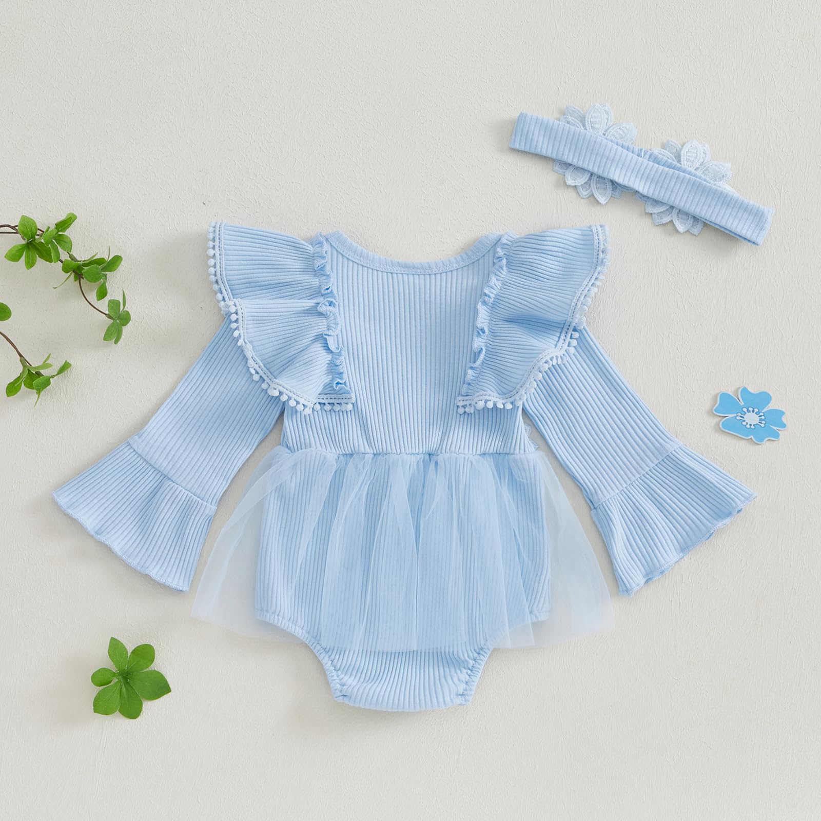 Infant Newborn Baby Girl Fall Winter Outfit Clothes Flare Long Sleeve Ruffle 3D Flower Mesh Tulle Tutu Romper Dress (Blue, 18-24 Months)