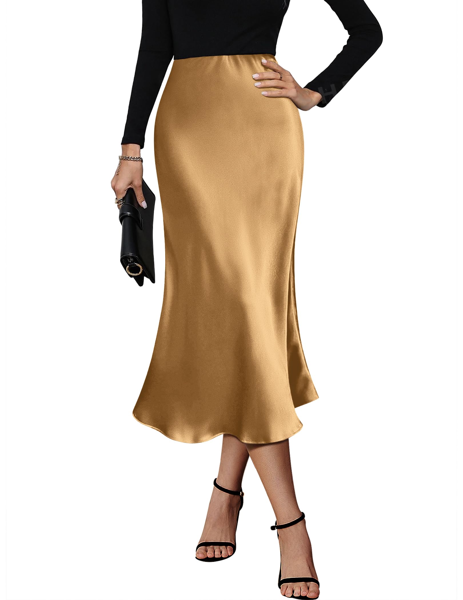Zeagoo Womens Silk Midi Skirts Satin High Waist Zipper Skirt