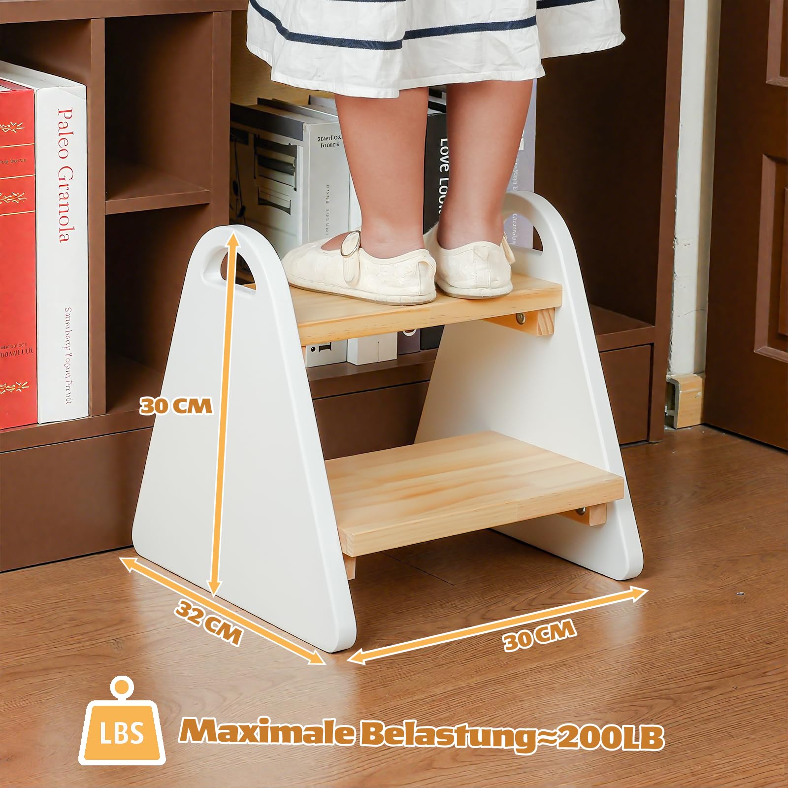 2-stufiger Tritthocker für Kinder aus Naturmaterial, Hocker & Trittstuhl Trittpult, Kindertreppe für Badezimmer Küche Schlafzimmer, Abgerundete Kanten rutschfest Kindgerecht(Weiß) - 3