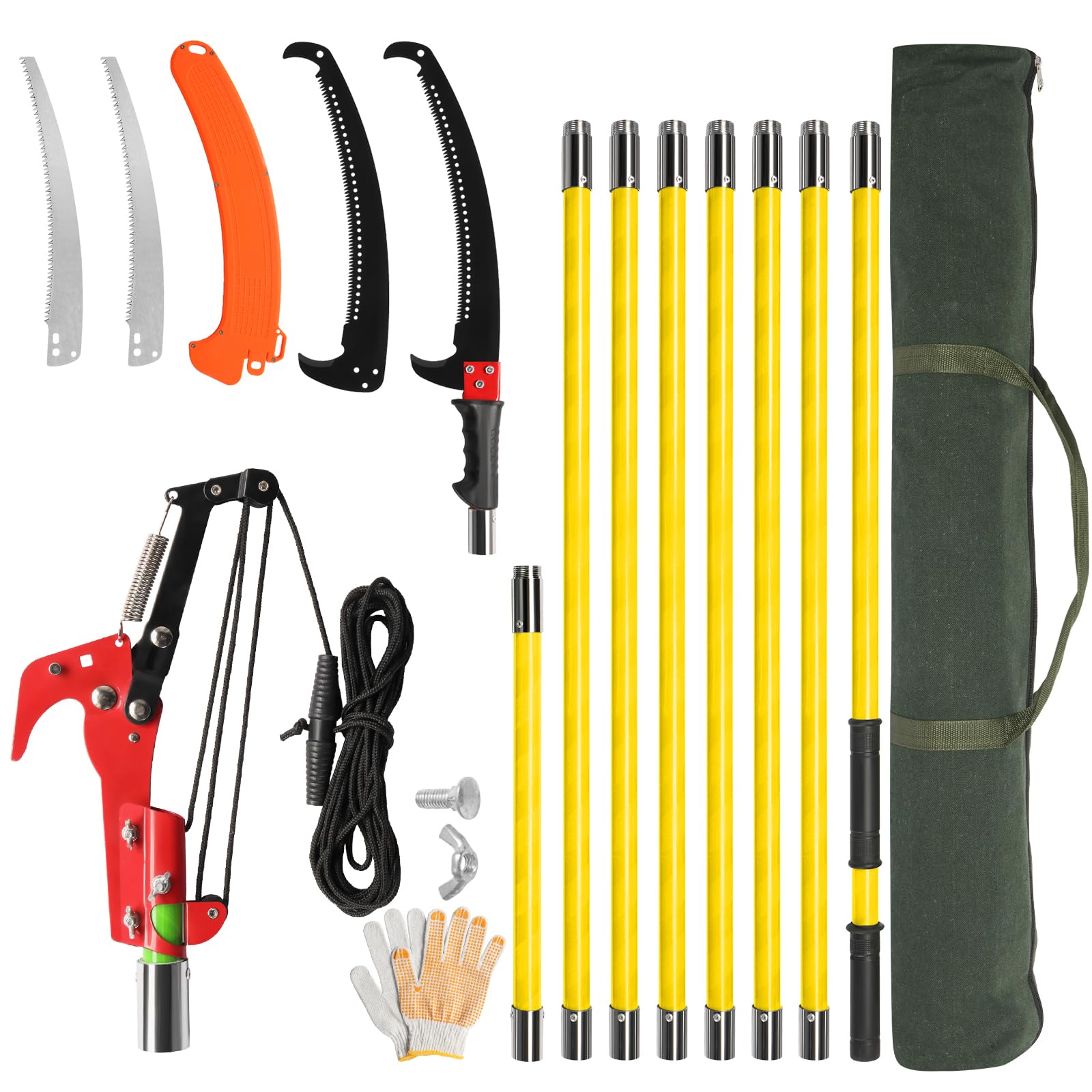 Bonnlo 26/30FT Pole Pruning Saw, Adjustable Manual Pole Saw Trimmer, Pole Saws for Tree Trimming with Carry Bag and Sturdy Pole, Garden Tools for Palm Oak High Branches (Yellow, 26FT)