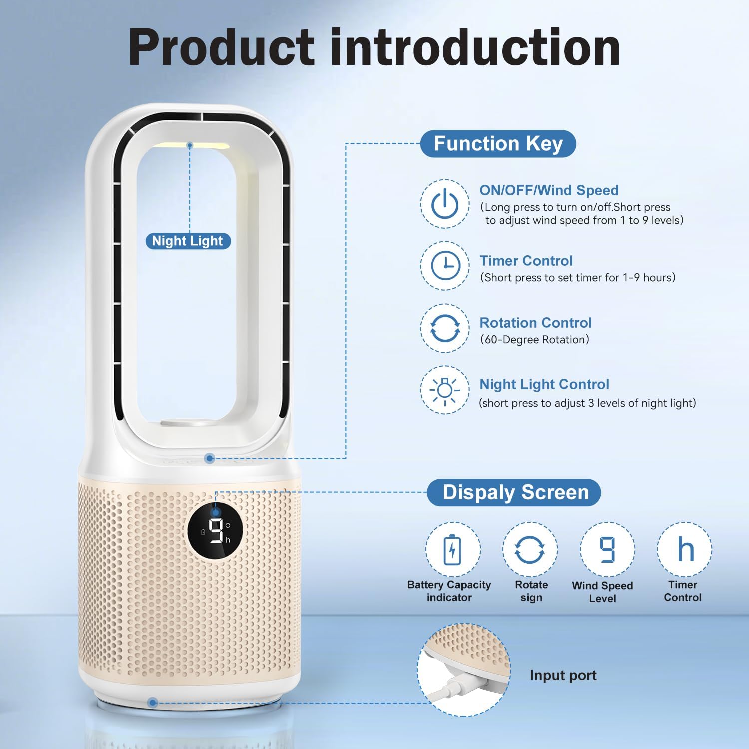 Desk Fan - Small Quiet Bladeless Table Fan, 14 Inch USB Rechargeable with 5000mAh Battery, 60° Oscillating, 9 Speed Adjustable, 3 Light Modes, Touch Control Mini Fan for Office Bedroom Living Room