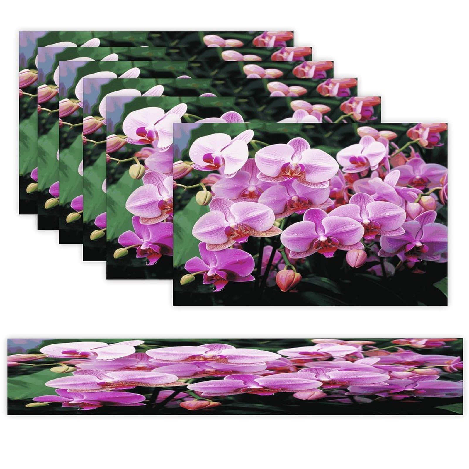 Orchids Table Runner and Placemats Set of 6 for Kitchen Washable Table Mats Heat Resistant Place Mats Non-Slip Place Mat Wipeable Placemat(6 Placemats+1 Table Runner)