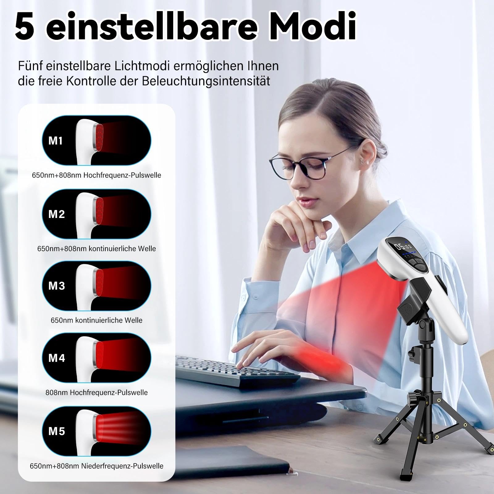 Dispositivo Luce Rossa 650nm & 808nm con Supporto – Lampada Infrarossi Portatile Senza Fili con 5 Modalità e Timer, Dispositivo Benessere per Relax Muscolare, Schiena, Collo, Sport e Uso Domestico