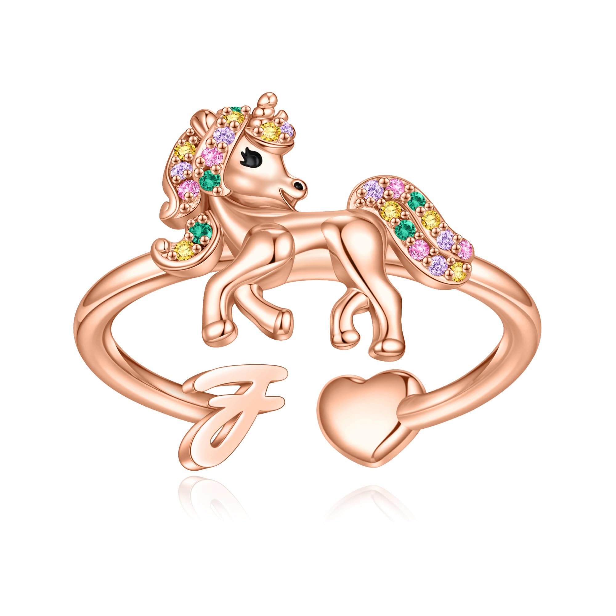 Unicorn Initial Rings for Teen Girls, Rose Gold/White Gold Plated Heart Initial Rings for Girls Adjustable Stackable Rings for Women Diny Heart Ring for Teen Girls Gifts Unicorns Gifts for Girls